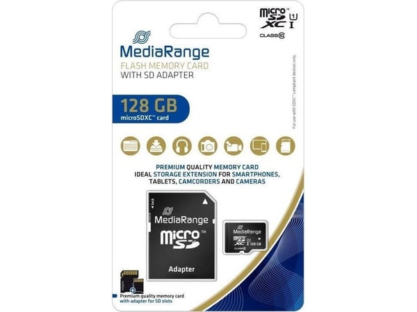 MediaRange MR945 - Flashminnekort (microSDXC til SD-adapter inkludert) - 128 GB - UHS-I / Class10 - microSDXC - svart