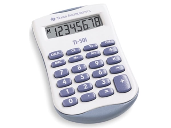 Texas Instruments TI-501, Lomme, Grunnleggende, 8 sifre, Batteri, Blå, Hvit