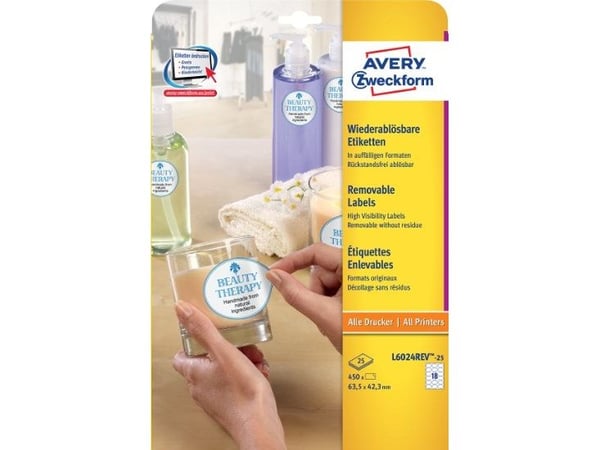 Avery L6024REV - Fjernbart adhesiv - hvit - 42,3 x 63,5 mm (oval) 450 stk (25 ark x 18) merkelapper