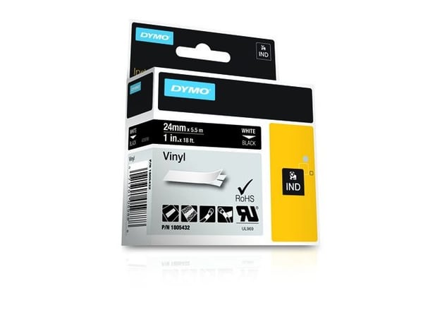 DYMO Rhino Coloured Vinyl - Vinyl - permanet adhesiv - hvitt på svart - Rull (2,54 cm x 5,5 m) 1 kassett(er) tape - for Rhino 4200, 6000, 6000 Hard...
