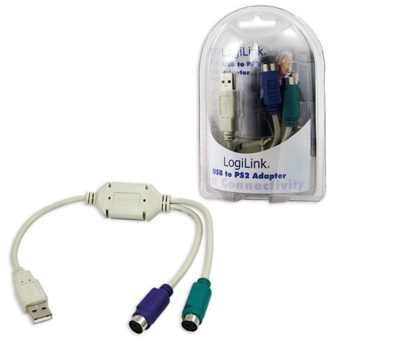 LogiLink Adapter USB - 2x PS/2, 0,2 m, 2x 6-p Mini-DIN, USB A, Hankoppling, Honkoppling, Grå