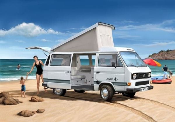 Revell modellbygge bil 1:25 - Volkswagen VW T3 Bulli Husbil i skala 1:25, nivå 3, trogen kopia med många detaljer, VW Bus, 07344, 120 År