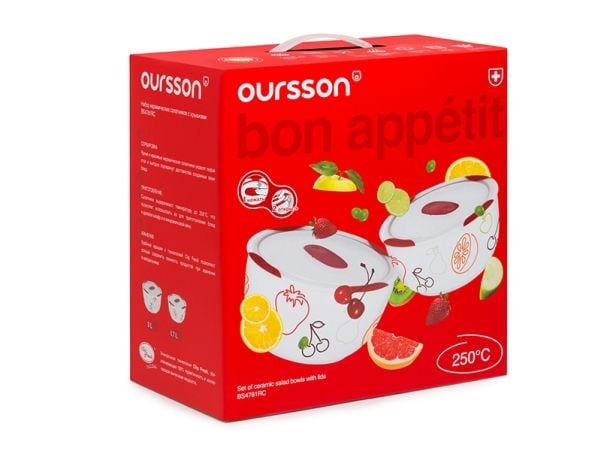 OURSSON BS4781RC/DC, Bollesett, Rund, Keramisk, Kirsebær (frukt), Hvit, 3 l, Personlig