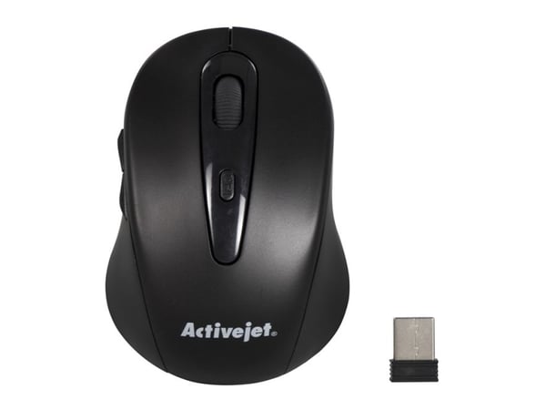 Activejet AMY-213, Ambidekstriøs, Optisk, RF kabel-fri, 1600 DPI, Sort
