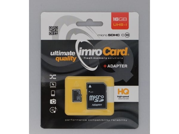 IMRO 10/16G UHS-I ADP, 16 GB, MicroSDHC, Luokka 10, UHS-I, 82 MB/s, 21 MB/s
