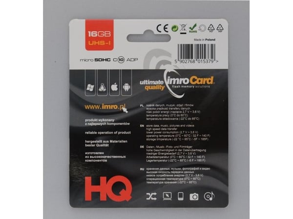 IMRO 10/16G UHS-I ADP, 16 GB, MicroSDHC, Luokka 10, UHS-I, 82 MB/s, 21 MB/s