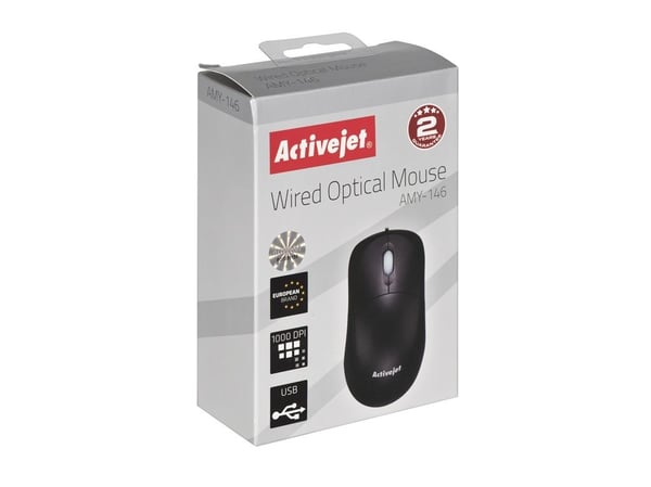 Activejet AMY-146, Ambidextrous, Optisk, USB, 1000 DPI, Svart