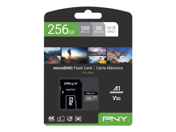 PNY PRO Elite - Flashminnekort (microSDXC til SD-adapter inkludert) - 256 GB - A1 / Video Class V30 / UHS-I U3 / Class10 - microSDXC UHS-I