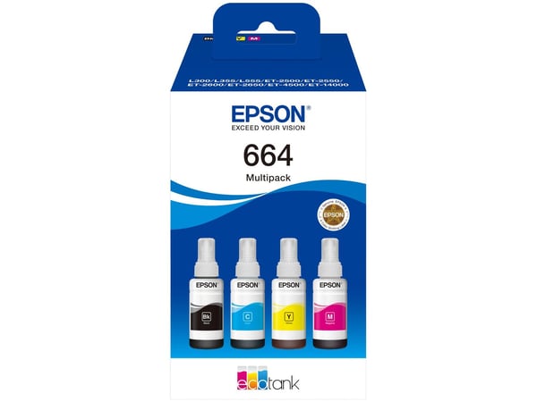Epson EcoTank 664 - 4 pakker - svart, gul, cyan, magenta - original - blekkpåfylling - for Epson L380, L395, L495; EcoTank ET-2650, L1455, L656; Ec...