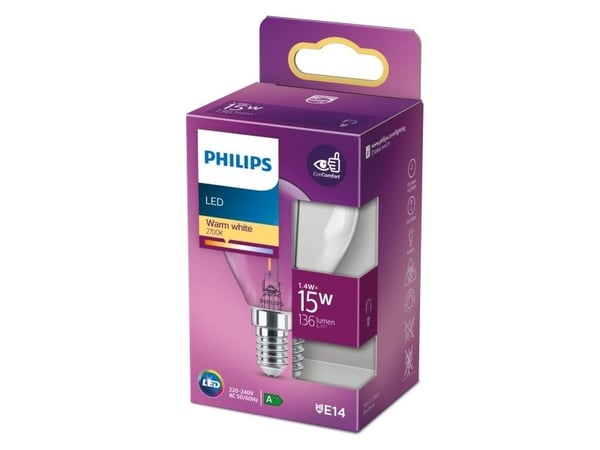 Philips - LED-filamentlyspære - form: P45 - klar finish - E14 - 1.4 W (ekvivalent 15 W) - klasse F - varmt hvitt lys - 2700 K