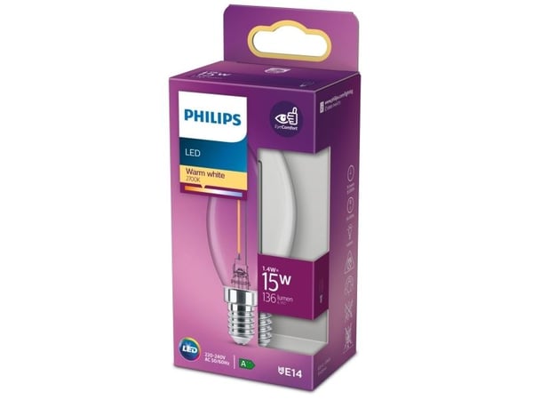 Philips - LED-filamentlyspære - form: B35 - klar finish - E14 - 1.4 W (ekvivalent 15 W) - klasse F - varmt hvitt lys - 2700 K