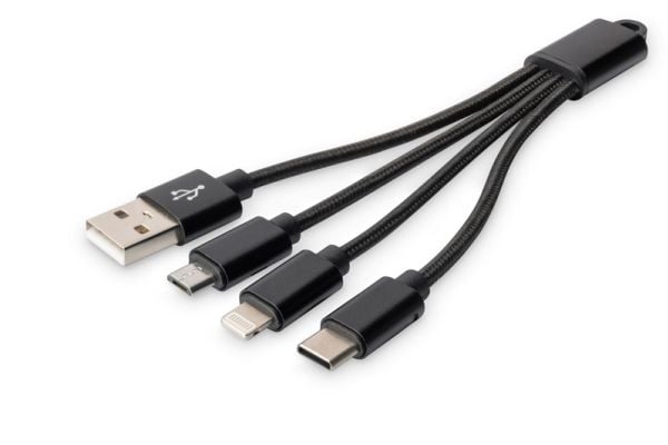 DIGITUS 3-in-1 Charger Cable - Lightning-kabel - USB hann til Micro-USB type B, Lightning, 24 pin USB-C hann - 15 cm - svart