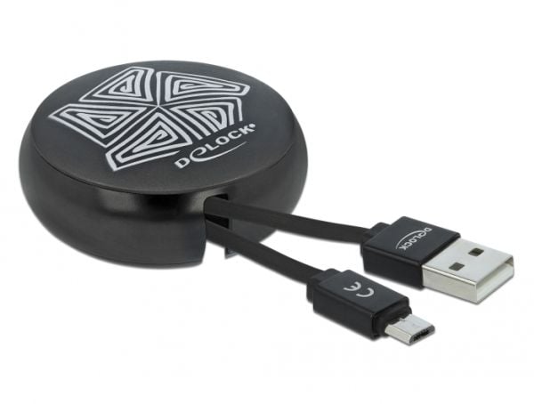 Delock - USB-kabel - USB (hann) til Micro-USB type B (hann) - 5 V - 2.1 A - 46/46 cm - tilbaketrekkbar, flat - svart