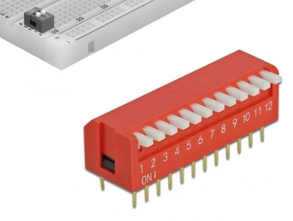 Delock DIP flip switch piano 12-digit 2.54 mm pitch THT vertical - DIP-svitsj - rød (en pakke 2)
