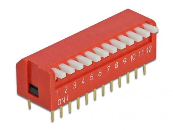 Delock DIP flip switch piano 12-digit 2.54 mm pitch THT vertical - DIP-svitsj - rød (en pakke 2)