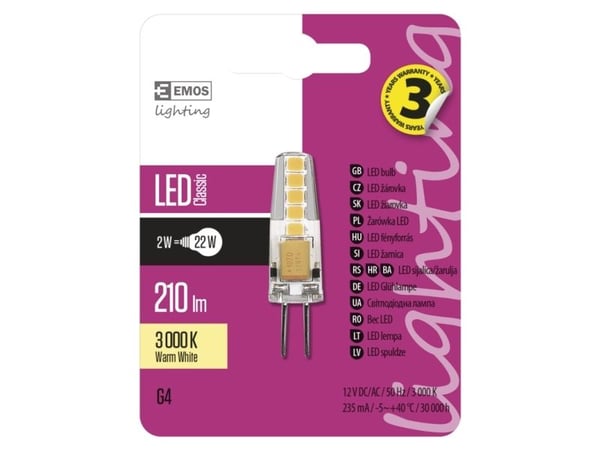 Emos ZQ8620, 2 W, 22 W, G4, 210 lm, 30000 timer, Varm hvit