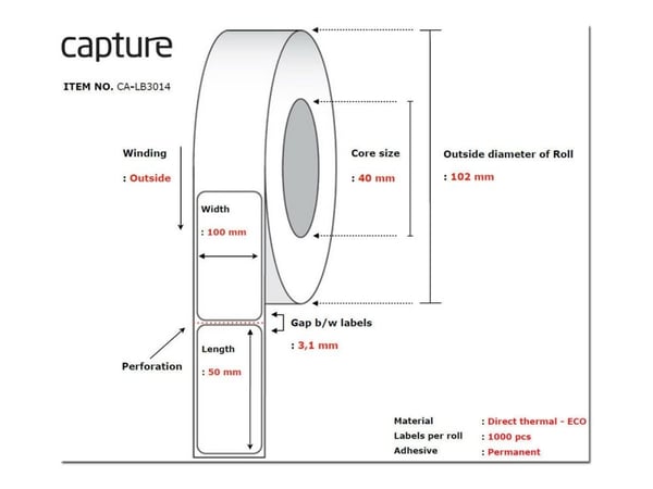 Capture - Permanet adhesiv - ubelagt - hvit - 100 x 50 mm 12000 etikett(er) (12 rull(er) x 1000 boks - merkelapper