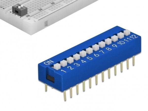 Delock DIP sliding switch 12-digit 2.54 mm pitch THT vertical - DIP-svitsj - blå (en pakke 10)