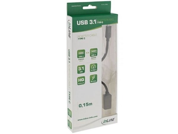 InLine 35800, 0,15 m, USB A, USB C, USB 3.2 Gen 2 (3.1 Gen 2), Hankjønn/hunkjønn, Svart