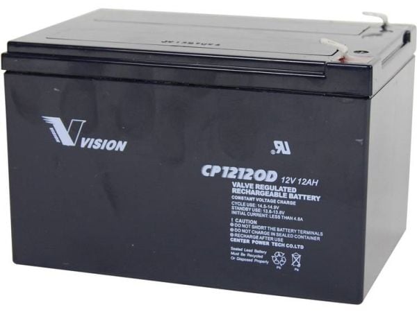 Vision batteri CP12120D blybatteri 12V 12Ah blyfleece 151 x 101 x 98 mm flatstift 6,35 mm vedlikeholdsfritt