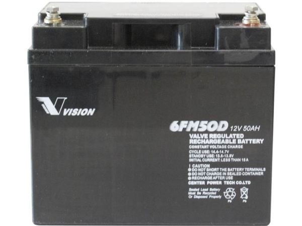 Vision batteri 6FM50DX blybatteri 12 V 50 Ah blyfleece 197 x 170 x 165 mm M6 skrutilkobling vedlikeholdsfritt syklusstabilt
