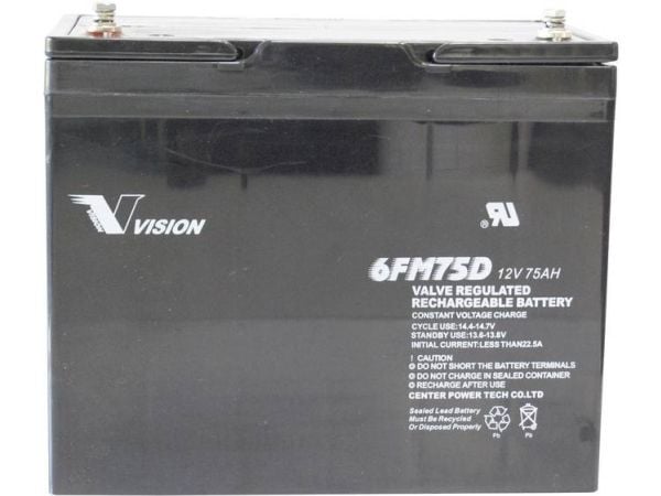 Vision Akkus 6FM75DX blybatteri 12 V 75 Ah blyfleece (258 x 215 x 166 mm) M6 skruetilkobling, vedlikeholdsfritt, syklusstabilt