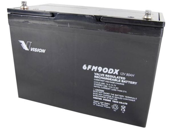 Vision batteri 6FM90DX blybatteri 12 V 90 Ah blyfleece 306 x 215 x 169 mm M6 skrutilkobling vedlikeholdsfritt syklusstabilt