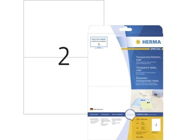 HERMA 4683, Läpinäkyvä, Itse kiinnittyvä tulostintarra, A4, Laser, Kiinteä, Matta