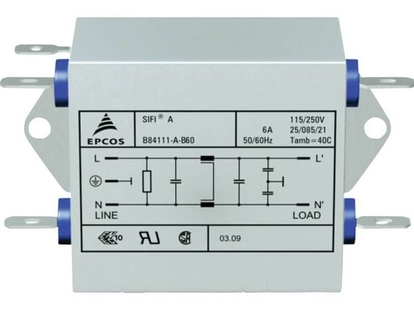 TDK B84111AB60 Bullerfilter flamskyddad 250 V/AC 6 A 1,8 mH (L x B x H) 45 x 76,5 x 28,6 mm 1 st