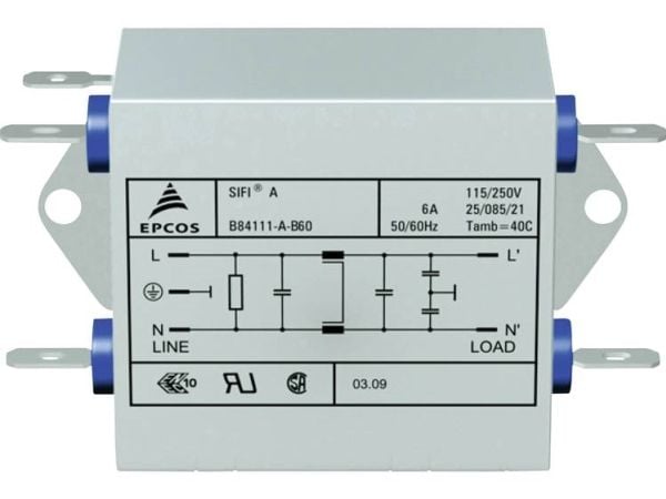 TDK B84111AB120 Bullerfilter flamskyddad 250 V/AC 20 A 0,47 mH (L x B x H) 63,5 x 77 x 38,1 mm 1 st