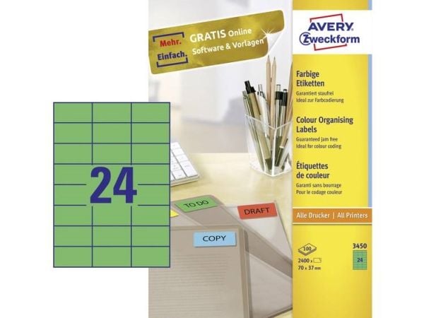 Avery - Grønn - 70 x 37 mm 2400 etikett(er) (100 ark x 24) filmappeetiketter