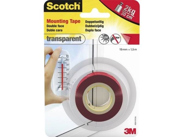 3M Scotch kaksipuolinen kiinnitysteippi, 19 mm x 1,5 m läpinäkyvä, vahva liima, kantavuus: 30 cm 2 kg:lle, - 1 kpl (40041915)
