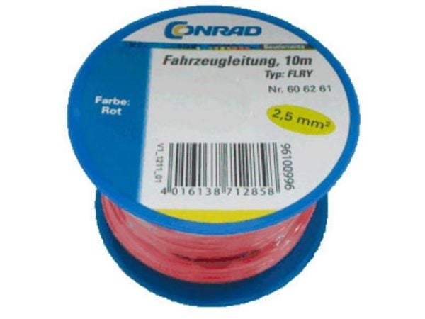 Conrad 606261, 2,5 mm², 2.9 mm, Punainen, -40 - 90 °C, 25 A, 10 m