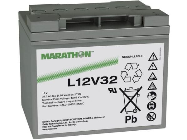 GNB Marathon L12V32 blybatteri 12 V 31,5 Ah blyfleece (B x H x T) 198 x 175 x 168 mm M6 skrutilkobling vedlikeholdsfritt