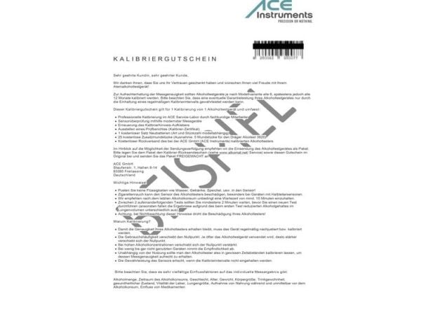 ACE 100082 Kalibreringscertifikat