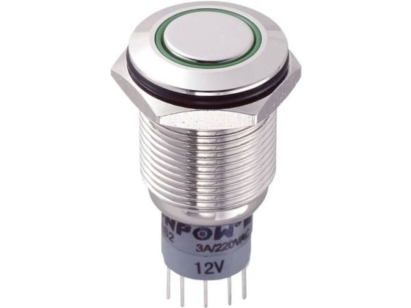 TRU COMPONENTS LAS2GQF-22ZE/G/12V/N/P Kestävä painekytkin 250 V/AC 3 A 2 x On/On Klikkaava vihreä 1 kpl