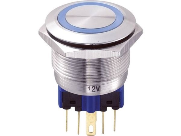 TRU COMPONENTS GQ22-11E/B/12V Kiinteä painonappi 250 V/AC 5 A 1 x On/(On) Kosketus Sininen IP65 1 kpl 1 kpl