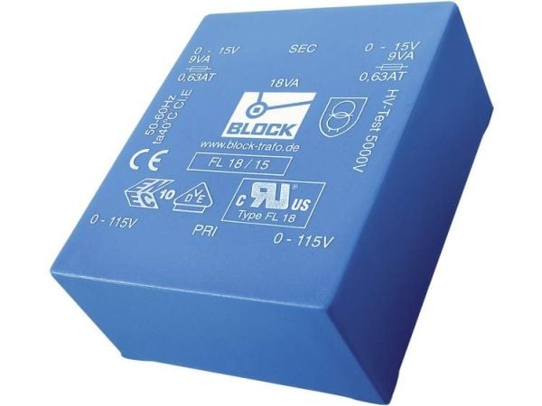 Block FL 18/6 printtransformator 2 x 115 V / 2 x 6 V AC 18 VA 1,5 A