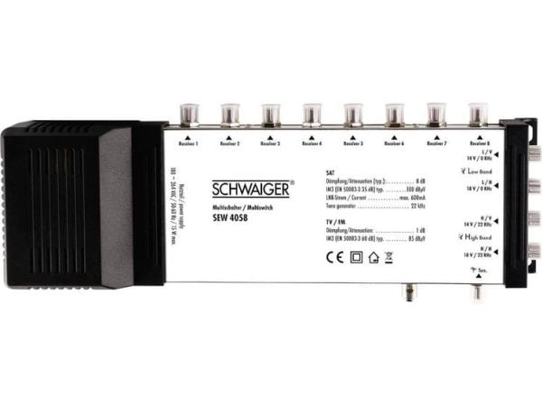 Schwaiger SEW4058531, 5 lähtöä, 8 tuloa, 950 - 2150 MHz, 47 - 862 MHz, 8 dB, 1 dB