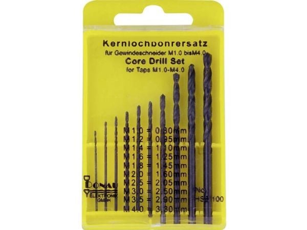 Donau Elektronik HSS100 HSS kjernebor-sett 10 deler 0,8/0,95/1,1/1,2/1,45/2,05/2,5/3,3 mm DIN 338 sylinderskaft 1 sett