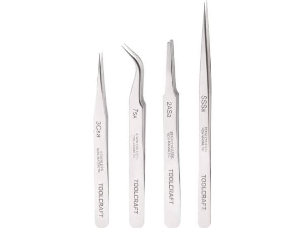 TOOLCRAFT 816747 Pincett set 4 st SS SA, 2a SA, 7 SA, 3c SA Plattrund, Spets, böjd 55°, Spets, Spets, smal