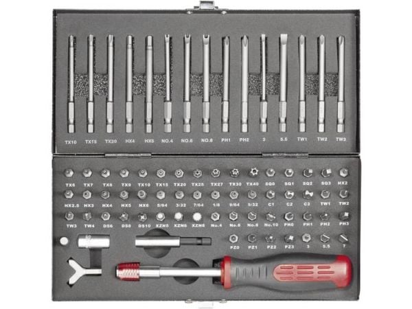 TOOLCRAFT HT02183 820952 Bitset 75 delar Knurl, Unbrako, Clutch, Tri-Wing, TORQ, Multitand (XZN), Crosscutter Pozidriv, Crosscutter Phillips, T-profil