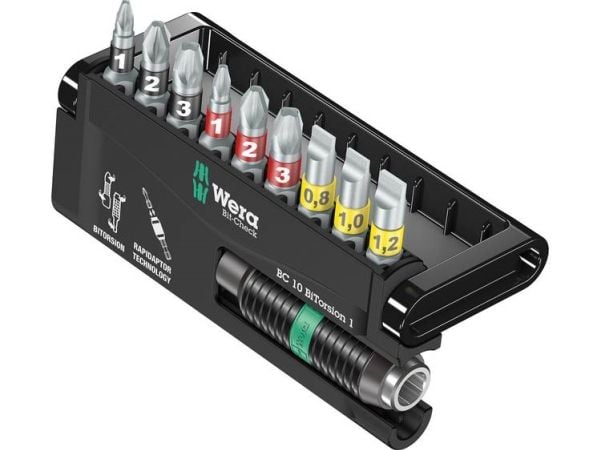 Wera Bit-Check 10 BiTorsion 1 - Screwdriver bit and bit holder set - 10 delar - phillips, pozidriv, slot - PH1, PH2, PH3, PZ1, PZ2, PZ3, SL5.5, SL6...