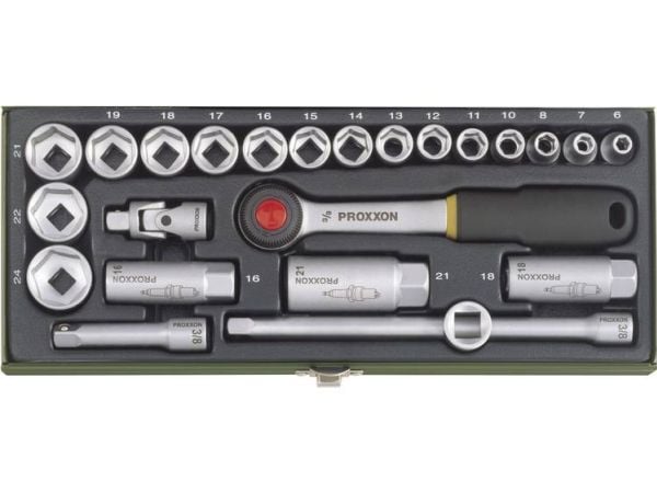 Proxxon 23110, Støpselsett, 3/8", Metrisk, 24 hoder, 6,7,8,10,11,12,13,14,15,16,17,18,19,21,22,24 mm, Kromfarget