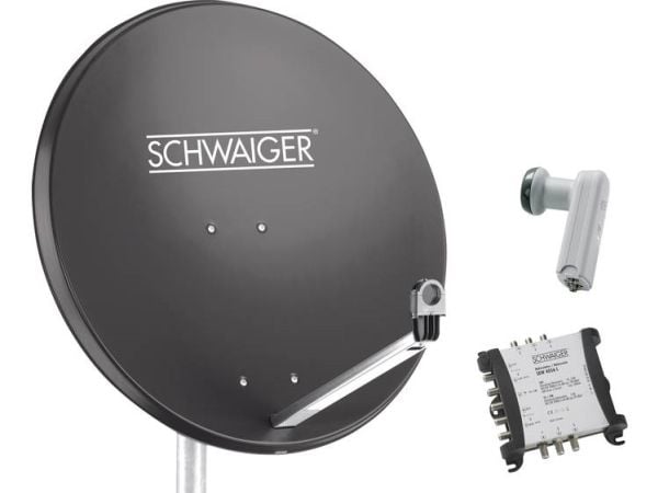 SCHWAIGER SAT-anlegg 80 cm 6 deltakere Quattro-LNB (uten switch) antrasitt med multiswitch 5/6