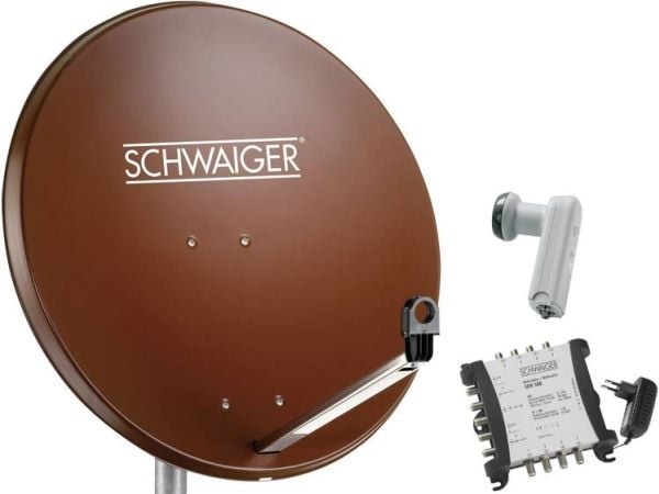 SCHWAIGER SAT-anlegg 80 cm - 8 deltakere Quattro-LNB (uten switch) teglrød med multibryter 5/8