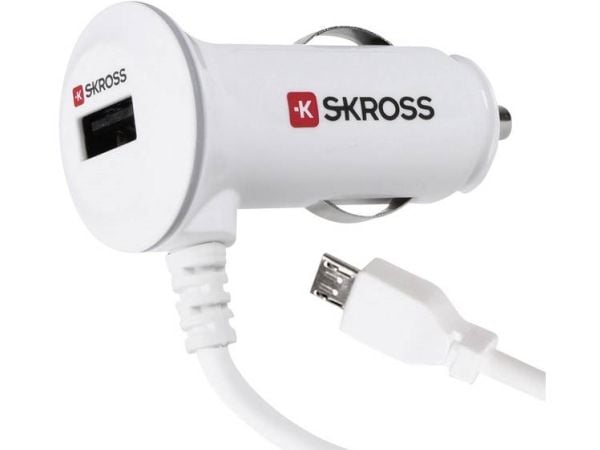 SKROSS Midget USB Car Charger PLUS - Bilstrømadapter - 2.1 A - 2 utgangskontakter (USB, Micro-USB type B) - på kabel: Micro-USB - hvit