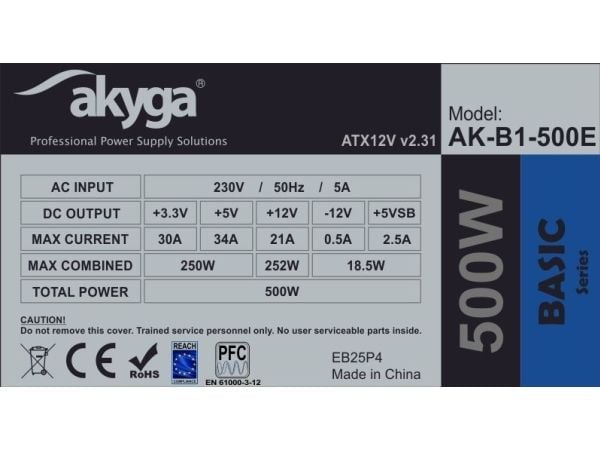 Akyga Basic Series AK-B1-500E - Strømforsyning (intern) - ATX12V 2.31 - AC 230 V - 500 watt - PFC - grå