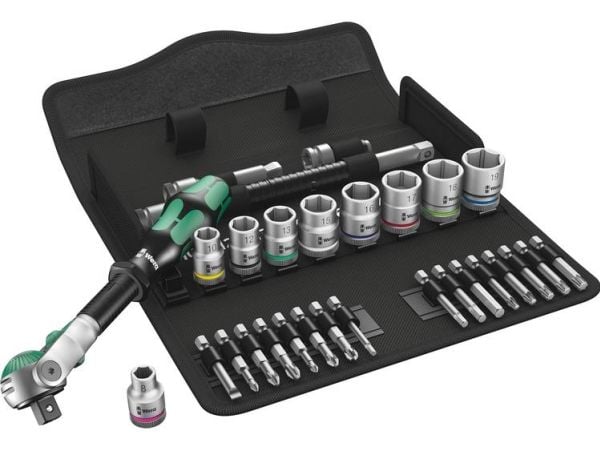 Wera Tools 05004046001, pipenøkkelsett, 29 stk, sort, grønn, skrallehåndtak, 3/8", 8,10,12,13,15,16,17,18,19 mm