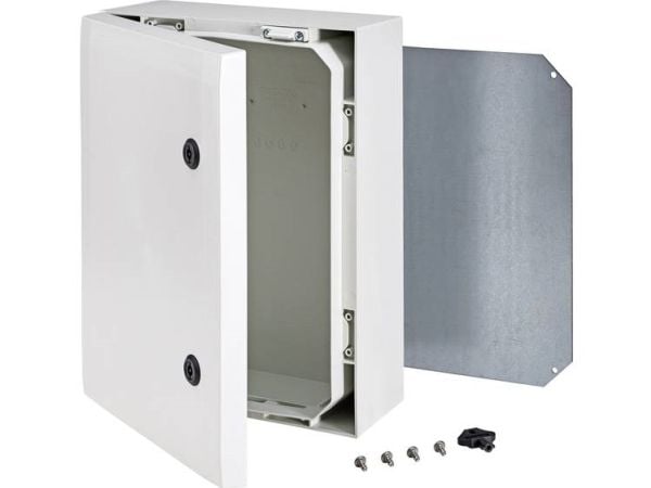 FIBOX Seinäkaappi ARCA, polykarbonaatti, harmaa ovi, 2 lukitusta, sarana pitkällä sivulla, KxSxS, 400x300x150mm, asennuslevyllä varustettuna